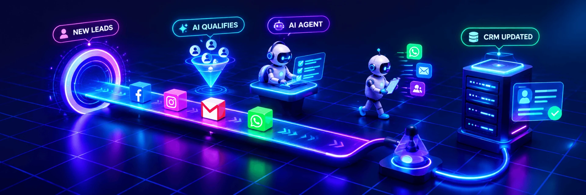 Animated AI automation pipeline: leads from social media and email are qualified by AI agents and saved to the CRM